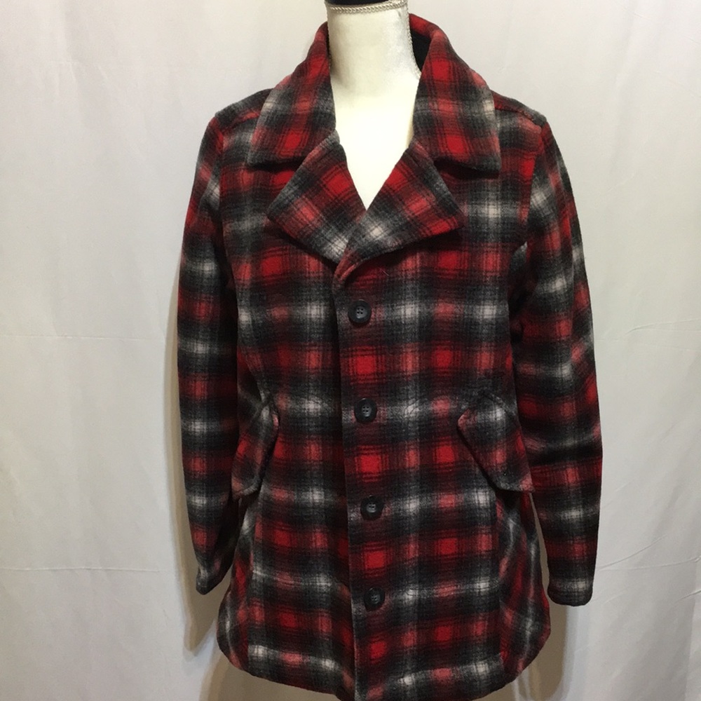 WOOLRICH THE ORIGINAL OUTDOOR CLOTHING COMPANY BEAUTIFUL RED AND GRAY PLAID COAT
